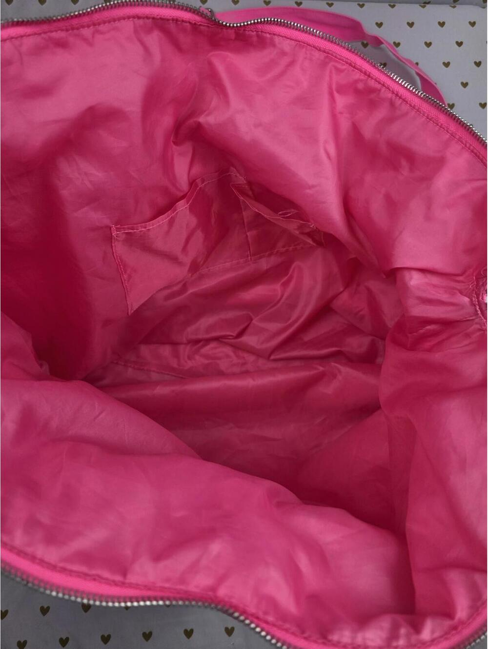 Victoria's Secret NEON PINK Tote Canvas Logo Duffel Bag Purse Long Strap - Picture 8 of 9